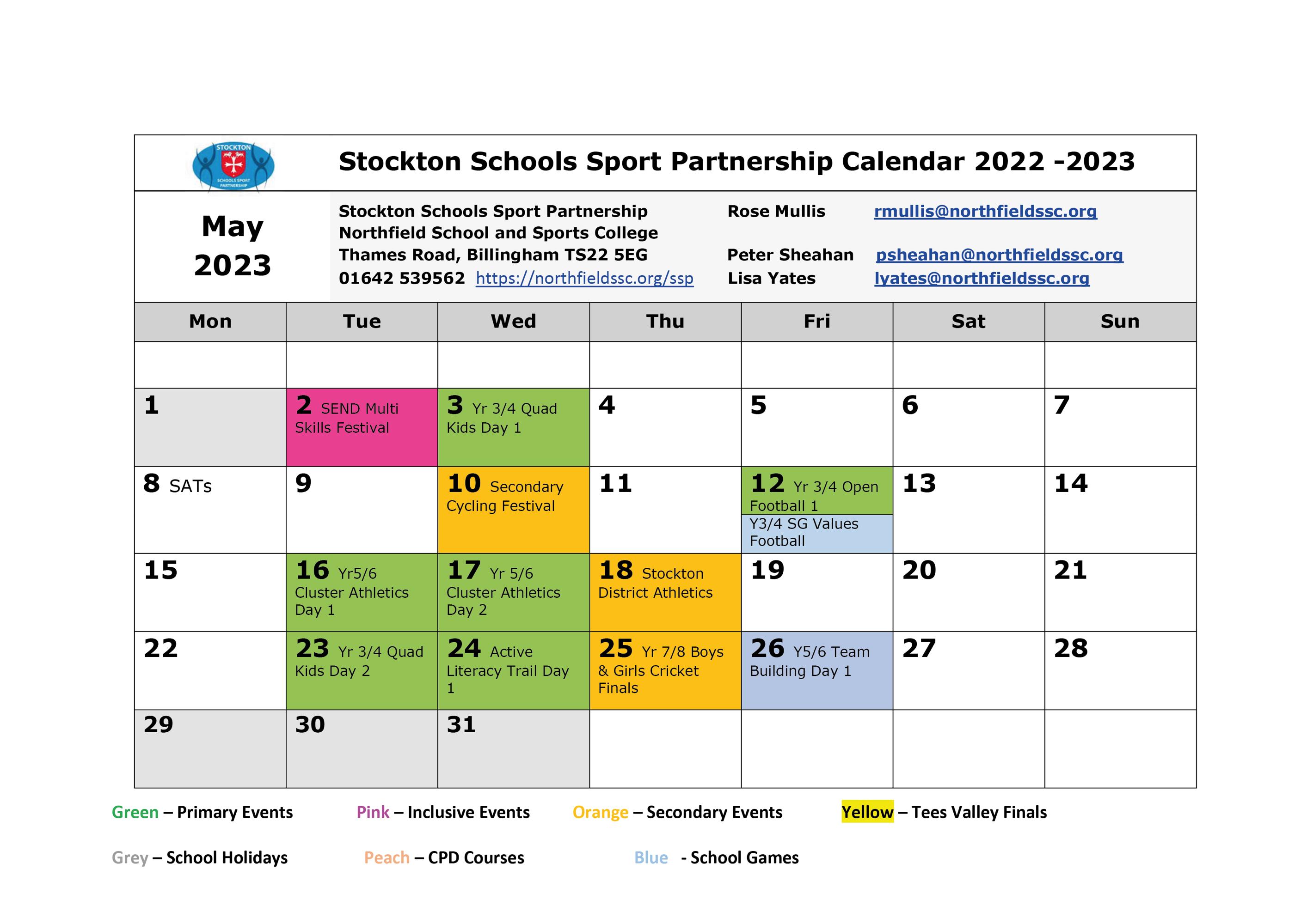SSSP Calendar 2022 23 Northfield School Sports College